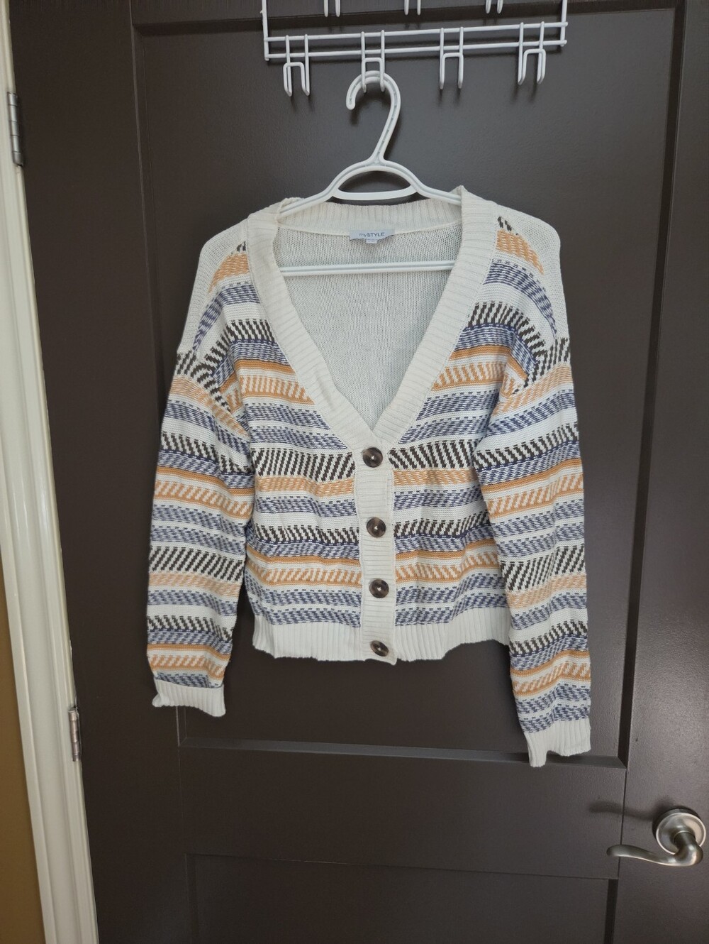 My Style Striped Cream Button-Front Knit Cardigan